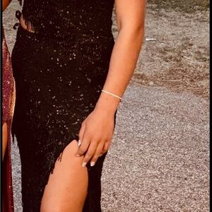 black sequin one shoulder prom dress
